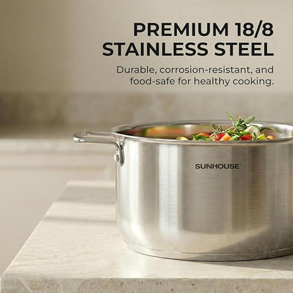 Sunhouse Stock Pot with Lid - 6.5 QT Large Pot for Cooking Pasta, Soup, Spaghetti - Ultra Thick 5-ply Base 18/8 Stainless Steel Pots for Canning, Boiling - Oven Safe & Induction Compatible Cookware