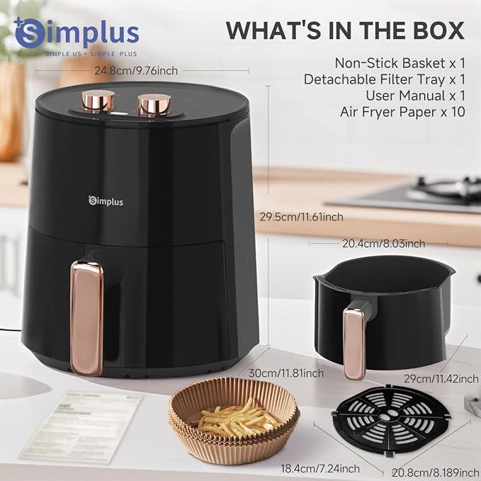 SIMPLUS 4.5QT Air Fryer, 1300W Adjustable Temperature Airfryer Oven, 6 Preset Cooking Options, 392°F Rapid Air Crisp Technology, Quick & Easy Meals in Minutes, Nonstick & Easy-Clean Basket, Black