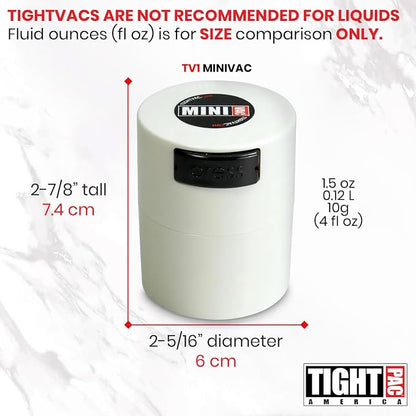 TIGHTPAC MINIVAC Portable Vacuum Seal Airtight Container – Keeps Coffee Beans, Grounds, Tea, Spices & Herbs Fresh Longer – Travel-Ready, NSF-Certified Food-Grade Storage, 10 to 30 Grams, White