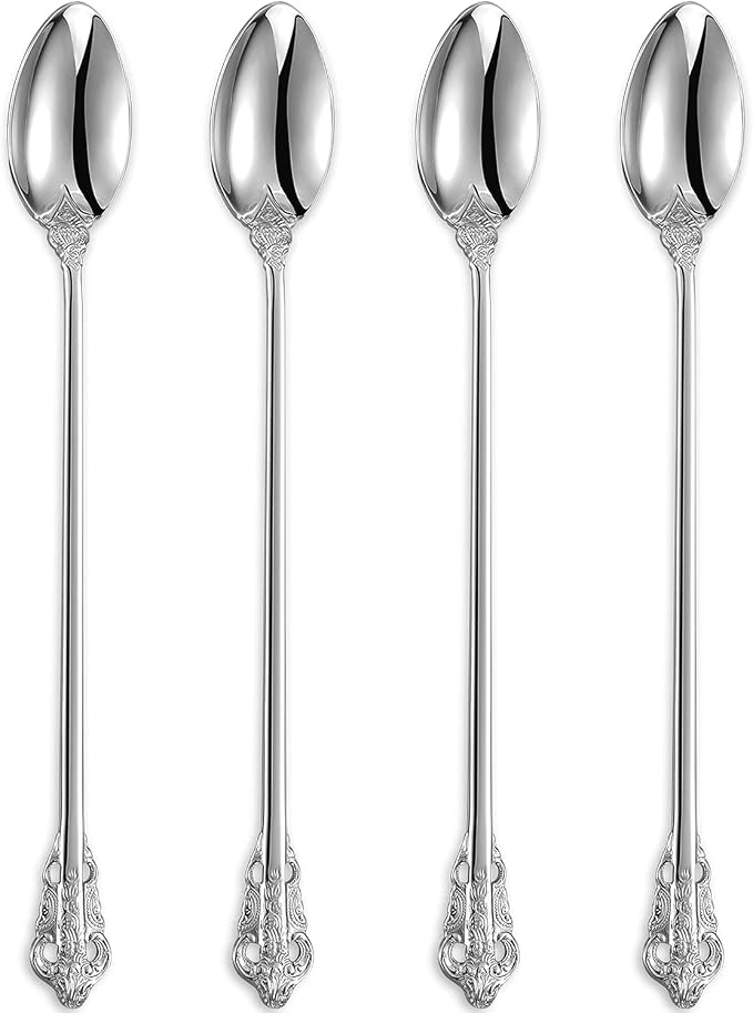 KEAWELL Luxurious 9 Inch Long Iced Tea Spoon Set - 4 Pieces - Gorgeous Design with Exceptional Mirror Polished Finish - 18/10 Stainless Steel- Perfect for Tall Glasses, Cocktails (Silver)