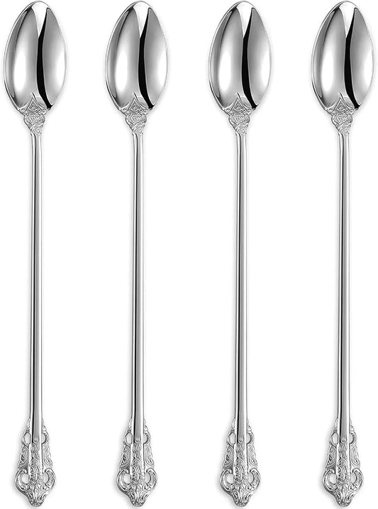 KEAWELL Luxurious 9 Inch Long Iced Tea Spoon Set - 4 Pieces - Gorgeous Design with Exceptional Mirror Polished Finish - 18/10 Stainless Steel- Perfect for Tall Glasses, Cocktails (Silver)