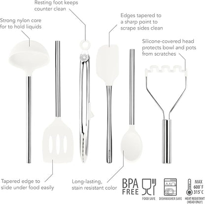 Tovolo Silicone Cooking Utensil Set of 6 Stainless Steel Handle Ladle Slotted Turner Tongs Flex Core Spatula Scraper Mixing Spoon & Potato Masher, Dishwasher Safe BPA Free Utensils, White