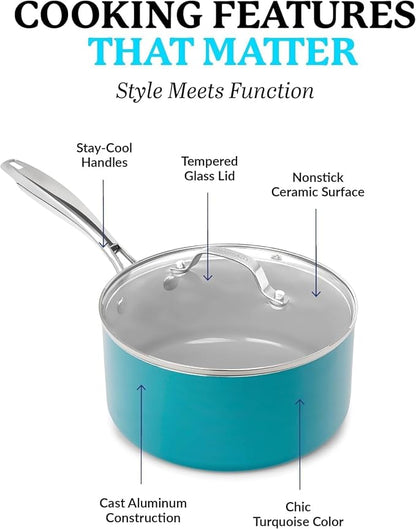 15 Pc Ceramic Pots and Pans Set Non Stick - GOTHAM STEEL Non Toxic PFAS PFOA PFOS Free, Metal Utensil Safe Aluminum Cookware Set with Steamer & Utensils, Oven Safe to 500°F, Dishwasher Ready, Blue