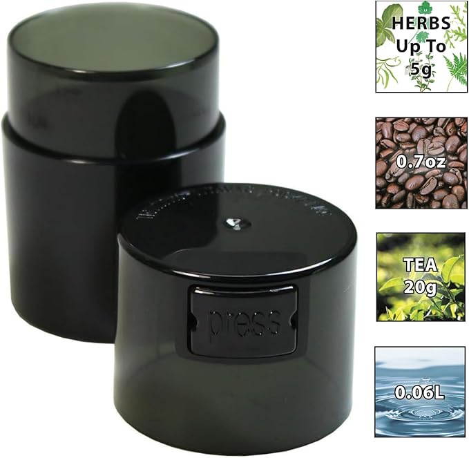 Vitavac 5 to 20 Gram Airtight Storage Container - Patented Vacuum Seal, Storage for Coffee, Grounds, Herbs, Spices, Dry Goods - Small Portable Container - Black Pearl