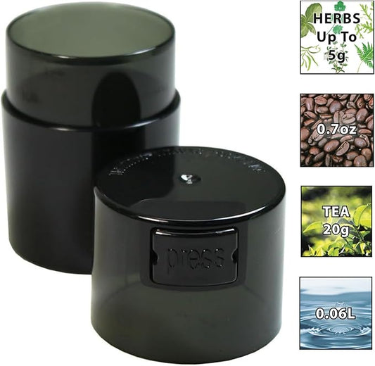 Vitavac 5 to 20 Gram Airtight Storage Container - Patented Vacuum Seal, Storage for Coffee, Grounds, Herbs, Spices, Dry Goods - Small Portable Container - Black Pearl
