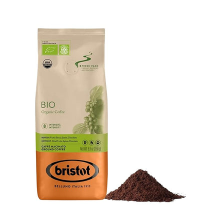 Bristot Organic Ground Espresso – Medium Roast Italian Coffee – For Moka, French Press & Pour Over – 8.8 oz (250g) – USDA Certified