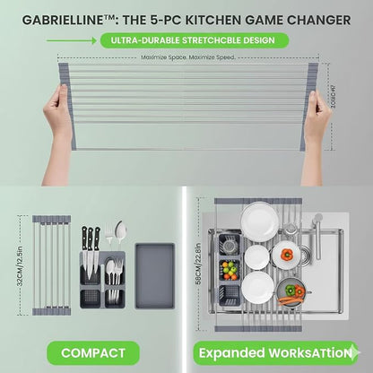 Gabrielline Expandable Roll Up Dish Drying Rack for Kitchen Sink, 21.6” x 12.7” Stainless Steel Over Sink Drying Mat with Utensil Holder & Drip Tray, Space Saving Heavy Duty Kitchen Rack Set