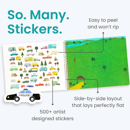 Cars, Trucks, Planes & Trains 500+ Kids Sticker Book by Cupkin Fun Toddler Travel Activity Coloring and Sticker Book, Road Trip Essentials, 12 Coloring Pages + Scenes for Ages 2–8 Years