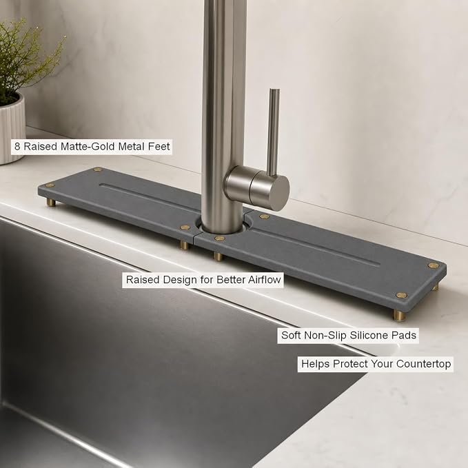 Stone Faucet Mat for Kitchen Sink, Water Absorbing Sink Tray Organizer for Bathroom Counter, Diatomite Soap Dish Coaster Caddy Riser, Sponge Holder Dispenser Mat, Gold Dark Gray, 23.6" x 4"