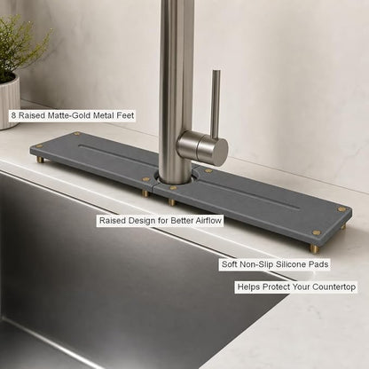 Stone Faucet Mat for Kitchen Sink, Water Absorbing Sink Tray Organizer for Bathroom Counter, Diatomite Soap Dish Coaster Caddy Riser, Sponge Holder Dispenser Mat, Gold Dark Gray, 23.6" x 4"