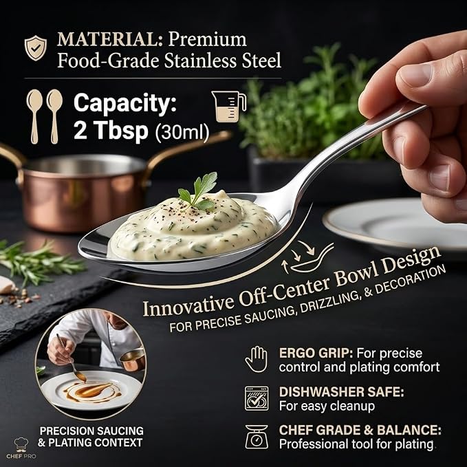 CREATIVECHEF Kunz Plating Spoon 9 Inch, 18/10 Stainless Steel Titanium Coating, Professional Basting & Saucing Spoon for Chef, Food Grade, Silver