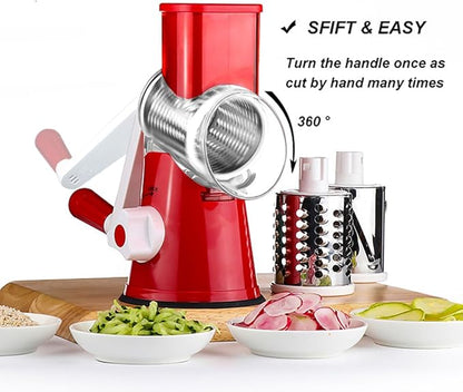 Cambom Rotary Cheese Grater Hand Crank Cheese Shredder for Fresh Cheese, Vegetable, Nuts,Non-slip Suction Base，Three Blades,Red