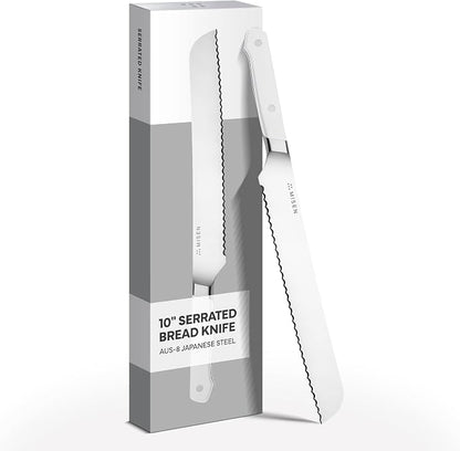 Misen Serrated Bread Knife - High-Carbon Japanese AUS8 Steel - Perfect for Soft Foods, Bread, Pastries, and Fruits - Verstatile Slicer, Razor-Sharp Edge, Durable Blade, Ergonomic Handle - 10", White