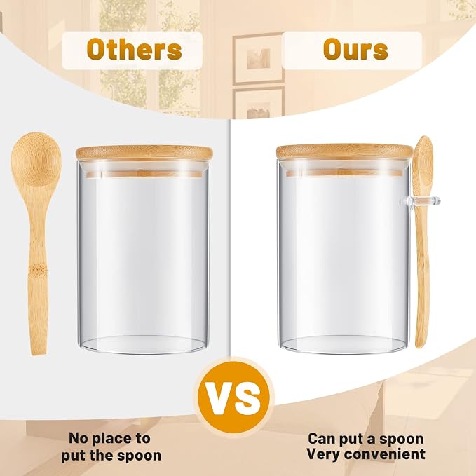 Tessco for you 3 Pack 17 oz Glass Jars with Bamboo Lids and Spoons, Clear Tea Containers for Loose Leaf Tea, Kitchen Countertop Canisters for Sugar, Coffee Beans, Spice, Salt, Nuts, Candy