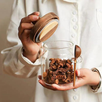 Glass Jars with Wooden Lids and Spoons set of 3,Clear Glass Coffee Containers with Scoop Decorative Kitchen Food Storage Jars for Coffee Beans,Tea,Nut Candy,Sugar,Bath Salts(17OZ/22OZ/27OZ)