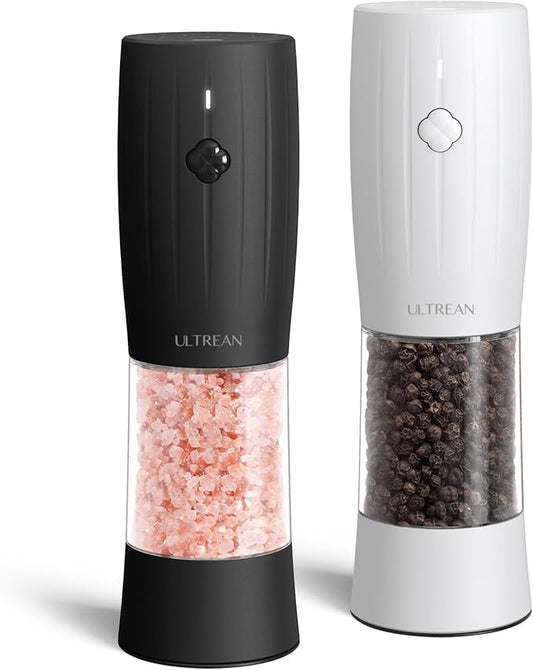 Ultrean Salt and Pepper Grinder Set, USB-C Rechargeable Automatic Pepper Grinder Spice Mill, 6 Adjustable Coarseness LED Light Larger Capacity, Kitchen Gadget, Black & White