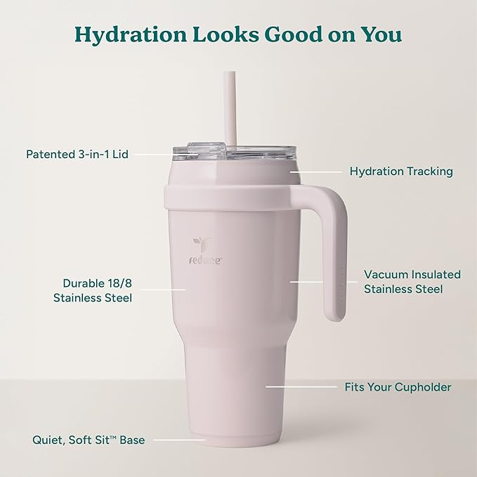 REDUCE Cold1 40 oz Tumbler with Handle - Vacuum Insulated Stainless Steel Water Bottle for Home, Office or Car, Reusable Mug with Straw or Leakproof Flip Lid, Keeps Drinks Cold All Day- Gloss Cotton