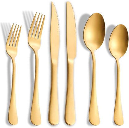 Matte Gold Silverware Set with Steak Knives,Stainless Steel Flatware Set for 6,Modern Cutlery Utensils Set,Spoons and Forks Set for Restaurant,Dishwasher Safe (Gold, 36 Piece Set)