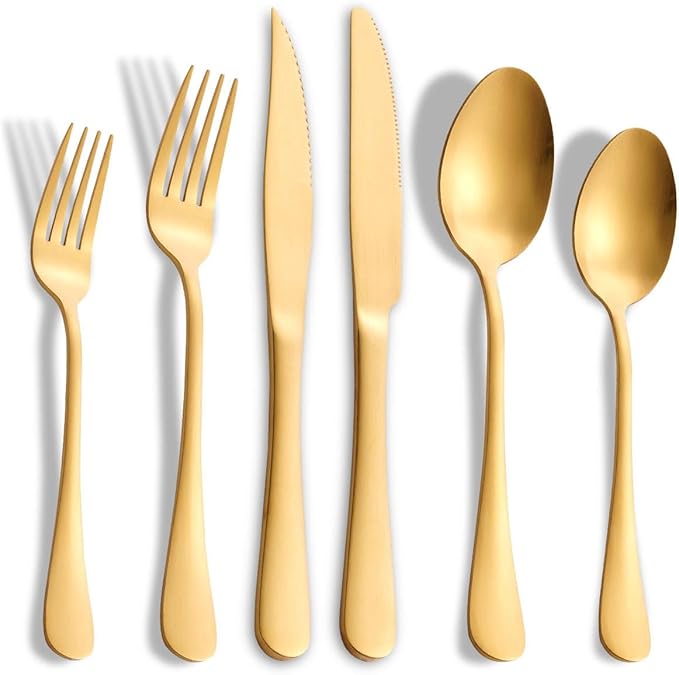 Matte Gold Silverware Set with Steak Knives,Stainless Steel Flatware Set for 6,Modern Cutlery Utensils Set,Spoons and Forks Set for Restaurant,Dishwasher Safe (Gold, 24 Piece Set)
