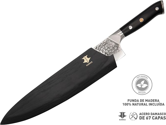 KANKA 10-inch 67 Layers Damascus Steel Profesional Chef Knife - Extra Long, G10 Black Fiberglass Handle, Razor Sharp Knife. Wood Sheath Included