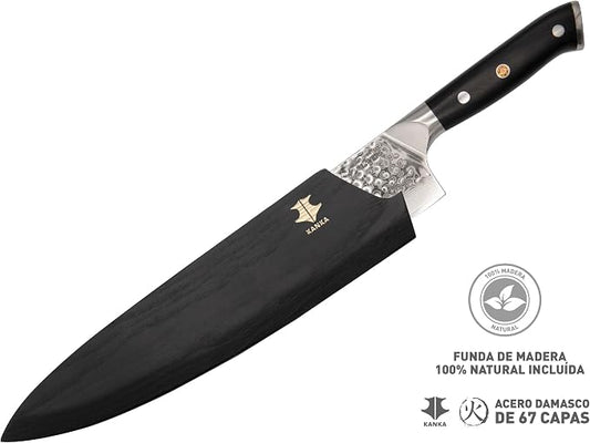 KANKA 10-inch 67 Layers Damascus Steel Profesional Chef Knife - Extra Long, G10 Black Fiberglass Handle, Razor Sharp Knife. Wood Sheath Included