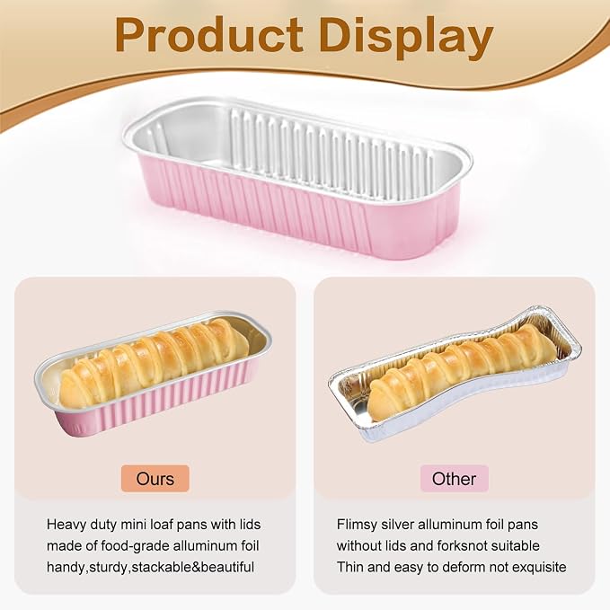 50 Pack Mini Cake Pans with Lids and Spoons, Mini Loaf Baking Pans 6.8oz, Small Disposable Aluminum Foil Loaf Pans, Rectangular Baking Containers for Party and Picnics, Cheesecake Pans (Pink)
