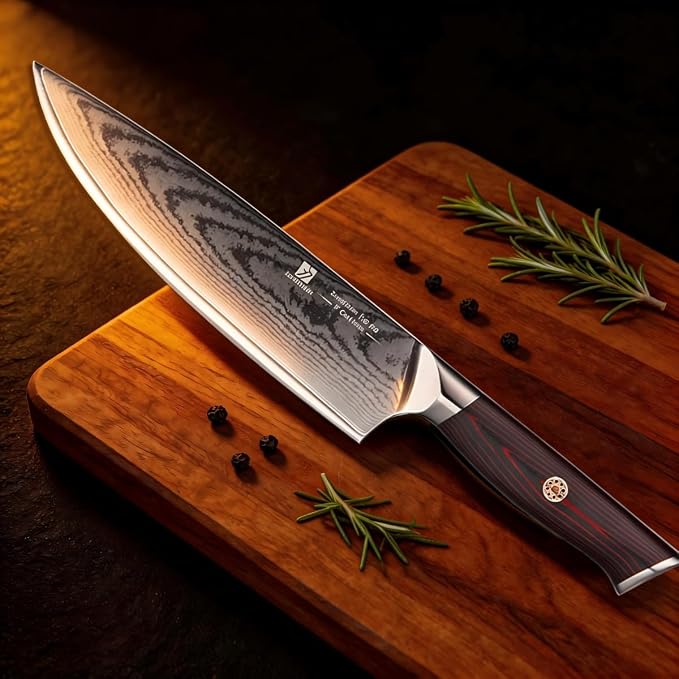 Chef Knife,8inch Damascus knife,67-Layer High Carbon Stainless Steel Kitchen Knife,Professiona Sharp Cutting Knives with Ergonomic G10 Red Black Handle,Gift Box for Home and Kitchen Birthday Gift