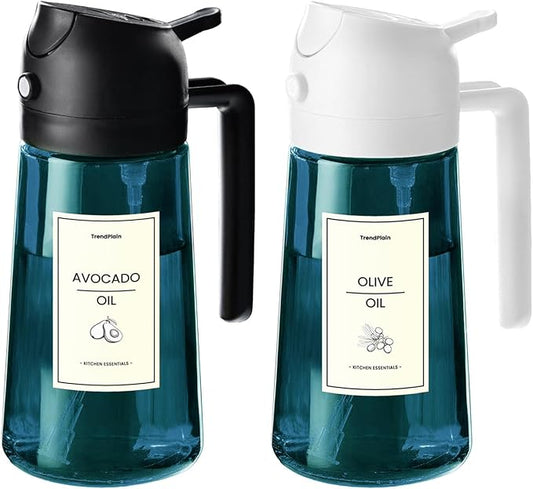 TrendPlain 16oz/470ml Blue Glass Olive Oil Sprayer for Cooking - 2 in 1 Olive Oil Dispenser for Kitchen Gadgets, Air Fryer, Salad, and BBQ - Black & White