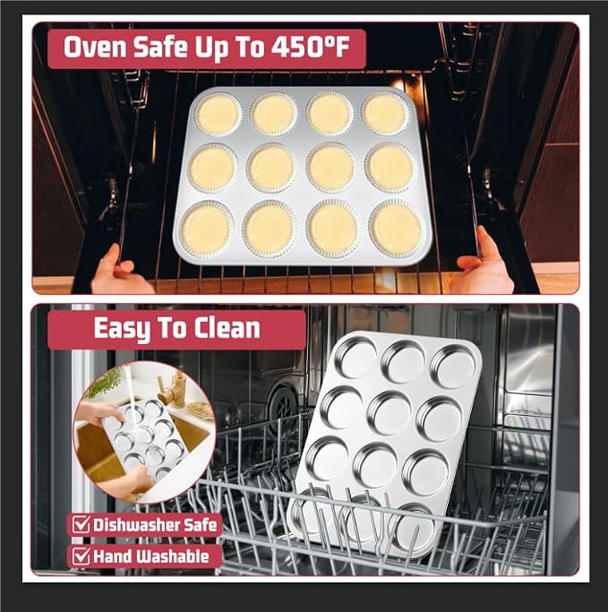E-far Muffin Top Pan, 12-Cavity Stainless Steel Shallow Cupcake Pan for Yorkshire Pudding, Eggs, Whoopie Pie, Cornbread, Non-toxic & Dishwasher Safe - 2 Pcs
