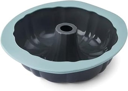 Chicago Metallic Silicone Fluted Cake Pan, 10 Inch Nonstick Bundt Cake Mold, Blue, Wire-Reinforced Rim, Oven Safe to 428F, Flexible Food-Grade Silicone Bakeware