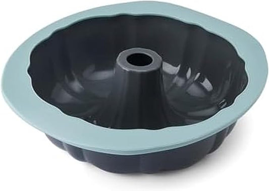 Chicago Metallic Silicone Fluted Cake Pan, 10 Inch Nonstick Bundt Cake Mold, Blue, Wire-Reinforced Rim, Oven Safe to 428F, Flexible Food-Grade Silicone Bakeware