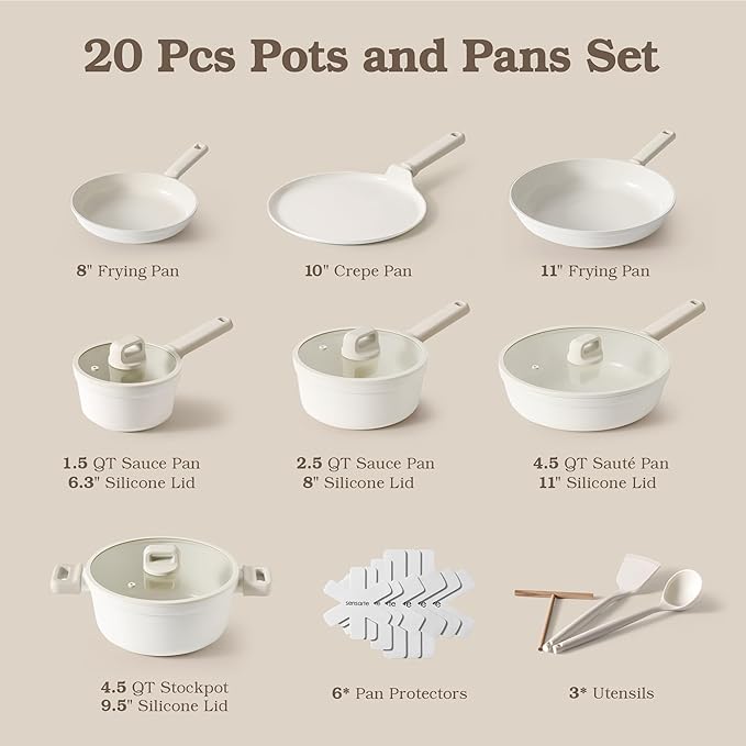SENSARTE 20Pcs Pots and Pans Set Nonstick, Ceramic Cookware Set Non Stick, Non-toxic Healthy Kitchen Cooking Set, Induction Compatible, Dishwasher Safe, PFAS/PTFE/PFOA Free, White