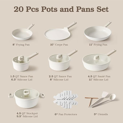 SENSARTE 20Pcs Pots and Pans Set Nonstick, Ceramic Cookware Set Non Stick, Non-toxic Healthy Kitchen Cooking Set, Induction Compatible, Dishwasher Safe, PFAS/PTFE/PFOA Free, White
