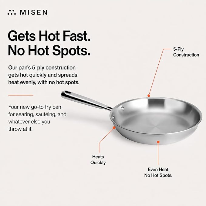 Misen 5-Ply Stainless Steel 10" Frying Pan - Professional Cookware for Induction, Gas and Electric - Dishwasher Safe, Oven Safe to 800°F - Durable, Versatile, Even Heating