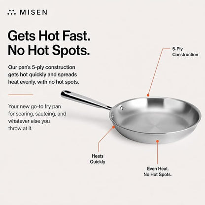 Misen 5-Ply Stainless Steel 10" Frying Pan - Professional Cookware for Induction, Gas and Electric - Dishwasher Safe, Oven Safe to 800°F - Durable, Versatile, Even Heating