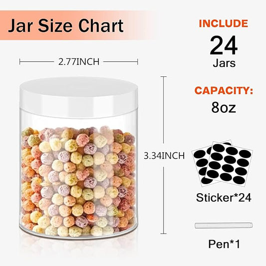 SLifeJars Plastic Jars 8oz Clear Plastic Slime Jars 24Pcs Empty Round Food Jar with White Lids Stackable Refillable Travel Jar Slime Containers for Slime Making Kitchen and House Storage