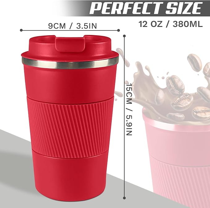 SPLMIFA Vacuum-Insulated Stainless Steel Travel Coffee Mug, Leak-Proof Reusable Coffee Cup with Lid - Keep Hot & Cold Drinks for Hours, Durable Insulated Tumbler for Men & Women(3rd-Red, 12OZ)
