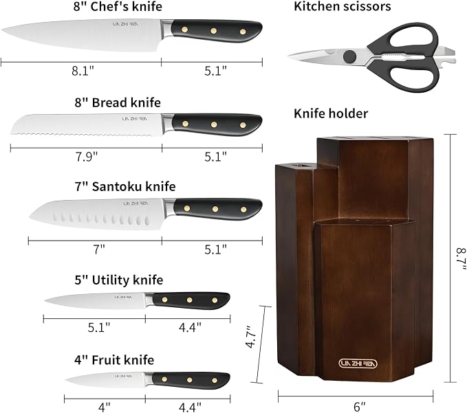 7 Piece Kitchen Knife Block Set, Stainless Steel Knives with Sharpener for Chopping, Dishwasher Safe (Black)