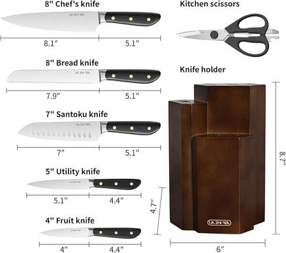 7 Piece Kitchen Knife Block Set, Stainless Steel Knives with Sharpener for Chopping, Dishwasher Safe (Black)