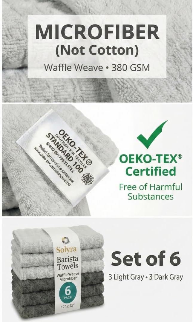 Solyra Barista Towels, 6 Pack, 12" x 12", Dark & Light Gray | Oeko-Tex Certified, Barista Microfiber Cloth, Espresso Towels