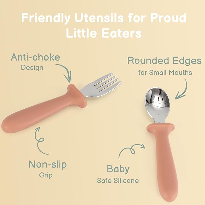 Eascrozn 6 Pack Toddler Utensils, kids Silverware with Silicone Handle, 18/8 Stainless Steel Children Safe Spoons and Forks Set Baby Feeding Essentials, Dishwasher Safe