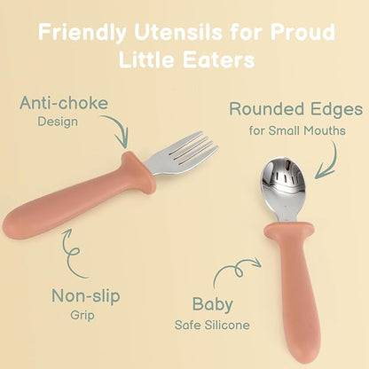 Eascrozn 6 Pack Toddler Utensils, kids Silverware with Silicone Handle, 18/8 Stainless Steel Children Safe Spoons and Forks Set Baby Feeding Essentials, Dishwasher Safe