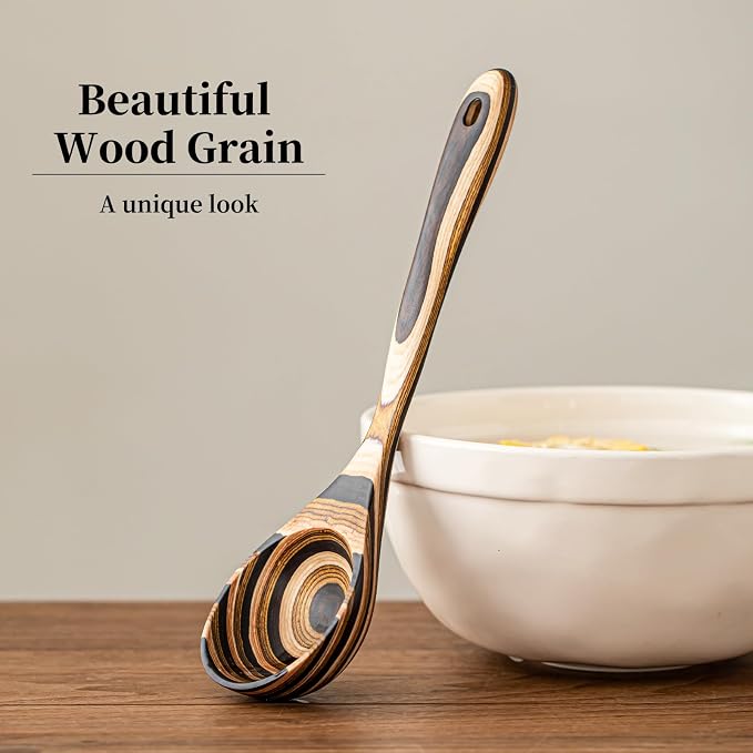 Gudamaye Pakkawood Deep Soup Ladles, 10.6 inch Big Wooden Ladle for Cooking, Wooden Kitchen Utensils Set