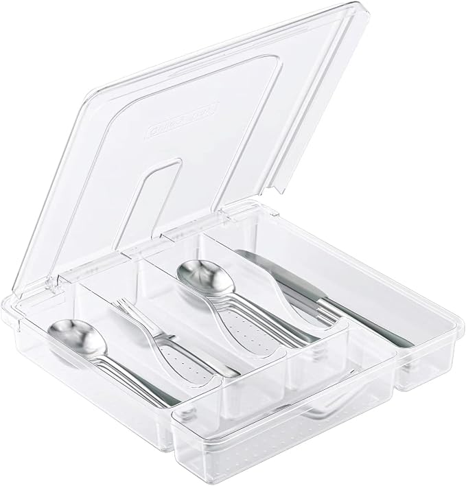 Utensil Holder for Countertop with Lid, Plastic Silverware Tray for Drawer, 5 Compartments Flatware Organizer,Transparent