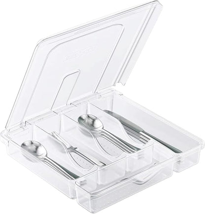 Utensil Holder for Countertop with Lid, Plastic Silverware Tray for Drawer, 5 Compartments Flatware Organizer,Transparent