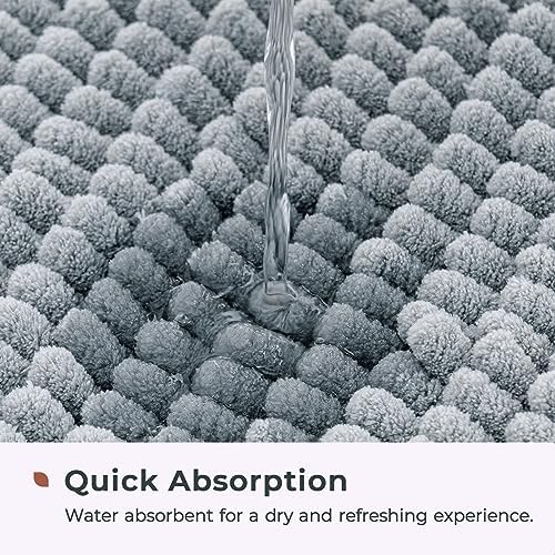 FRESHMINT Chenille Bathroom Rugs Non-Slip Bath Mat 24"x17", Washable Soft Shower Mat, for Bathroom Floor & Tub Fluffy Shag Bath Rugs, Durable Thick Water Absorbent Microfiber Shower Rugs, Sky Gray