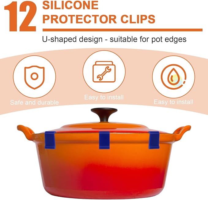 Gosknor 12pcs Dutch Oven Lid Protector Clips, Premium Silicone Pot Cookware Protector Clips Practical Pots Accessories for Storage Stacking & Display Dutch Oven (Blue)
