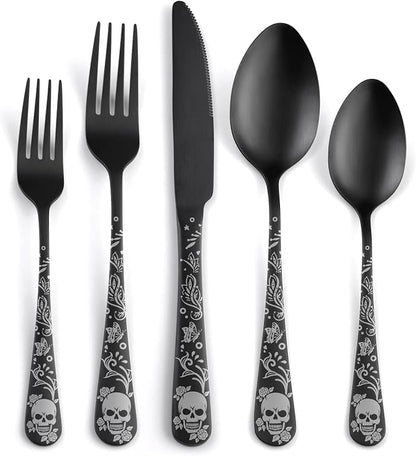 40 Piece Skull Pattern Matte Silverware Set for 8, Black Flatware set Service for 8,Gothic Unique Skull Pattern Design,18/0 Stainless,Satin Finish Cutlery for 8,Dishwasher Safe