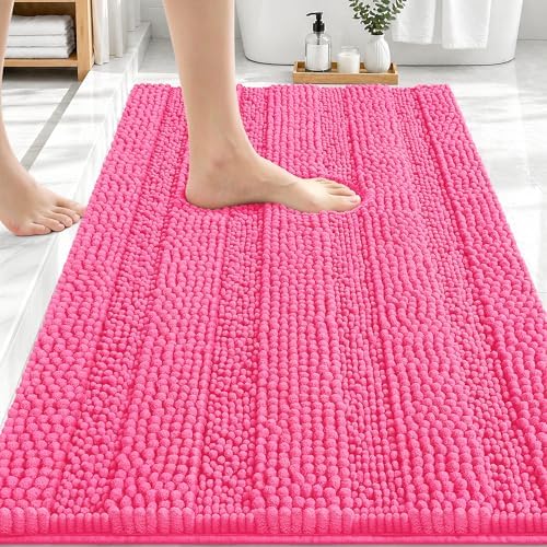 OLANLY Thick Bathroom Rugs 30x20, Soft Chenille Striped Bath Rugs, Hot Pink