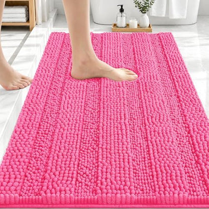 OLANLY Thick Bathroom Rugs 30x20, Soft Chenille Striped Bath Rugs, Hot Pink